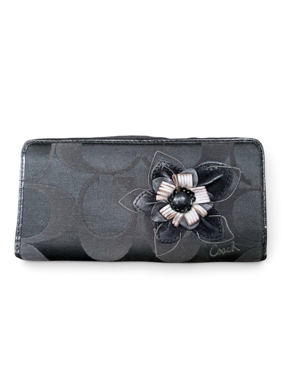 Coach Very Rare Signature Sateen 3D Leather Flower Applique Accordion Wallet